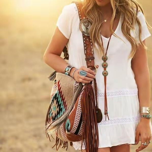 Bohemian Style Canvas Hobo Bag with Tassels & Geometric Print - Large Capacity Shoulder Bag(Khaki)