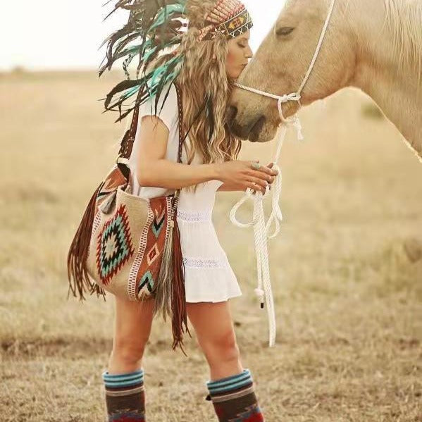 Bohemian Style Canvas Hobo Bag with Tassels & Geometric Print - Large Capacity Shoulder Bag(green)