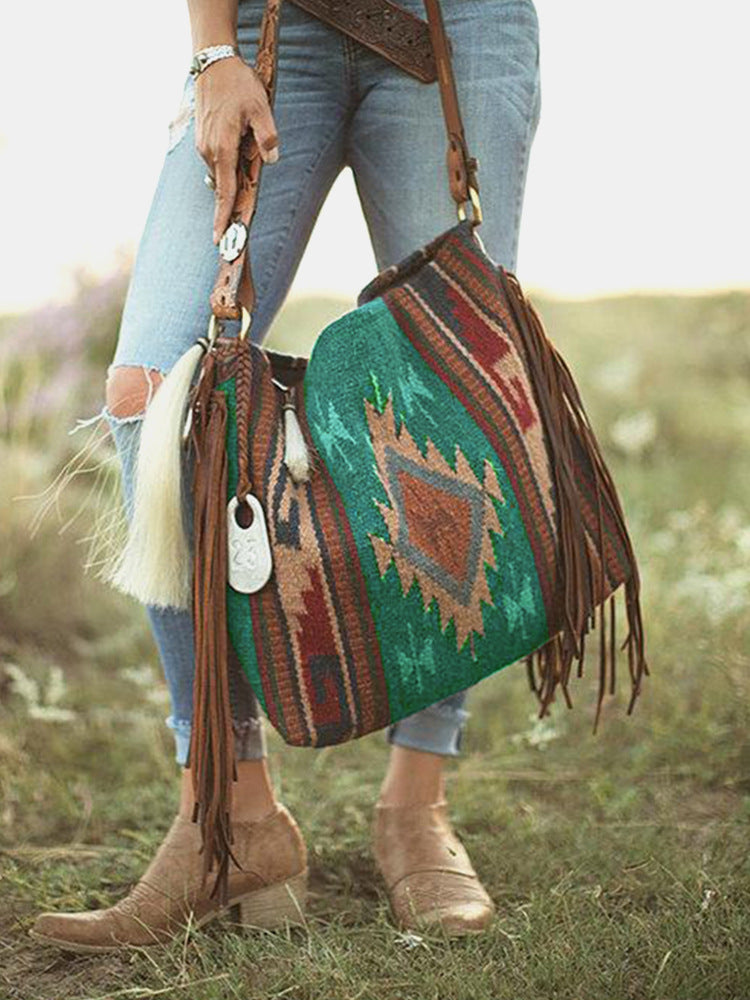 Bohemian Style Canvas Hobo Bag with Tassels & Geometric Print - Large Capacity Shoulder Bag(blue)