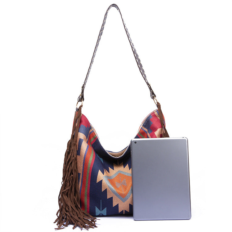 Bohemian Style Canvas Hobo Bag with Tassels & Geometric Print - Large Capacity Shoulder Bag(blue)