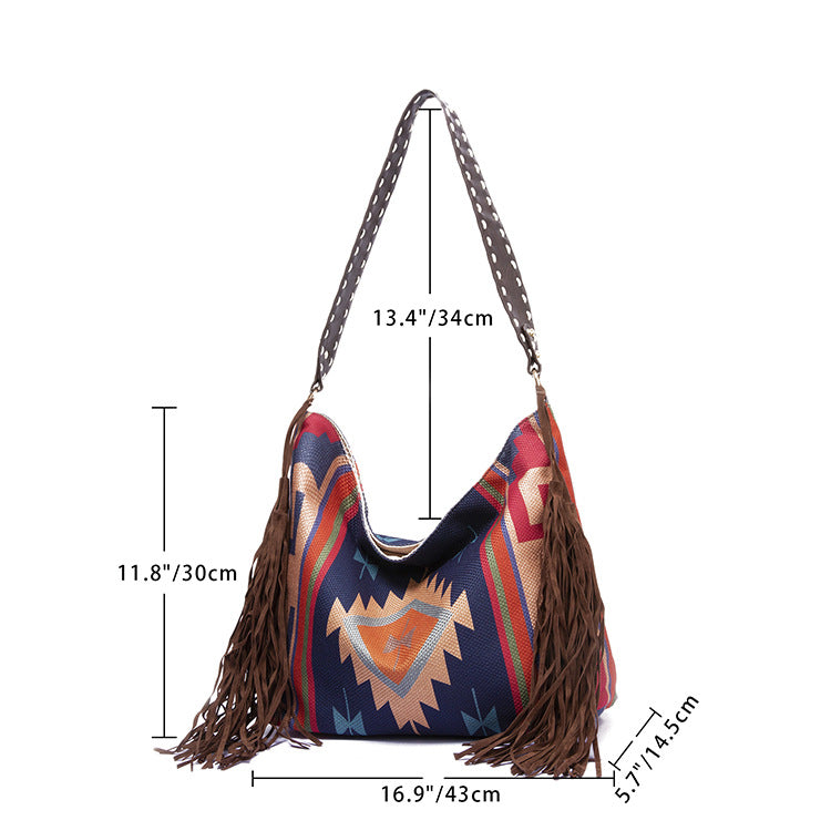 Bohemian Style Canvas Hobo Bag with Tassels & Geometric Print - Large Capacity Shoulder Bag(blue)