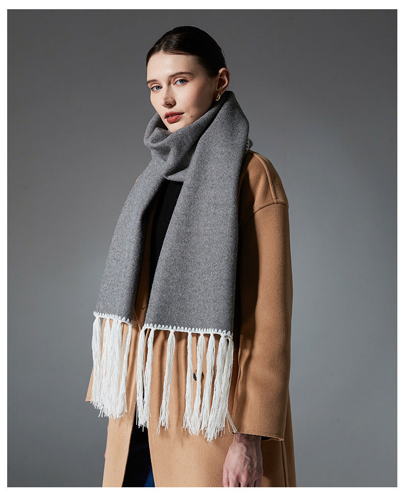 Gray Contrast Edge & Tassel Scarf - Chic Autumn/Winter Neckwear (190x30cm)