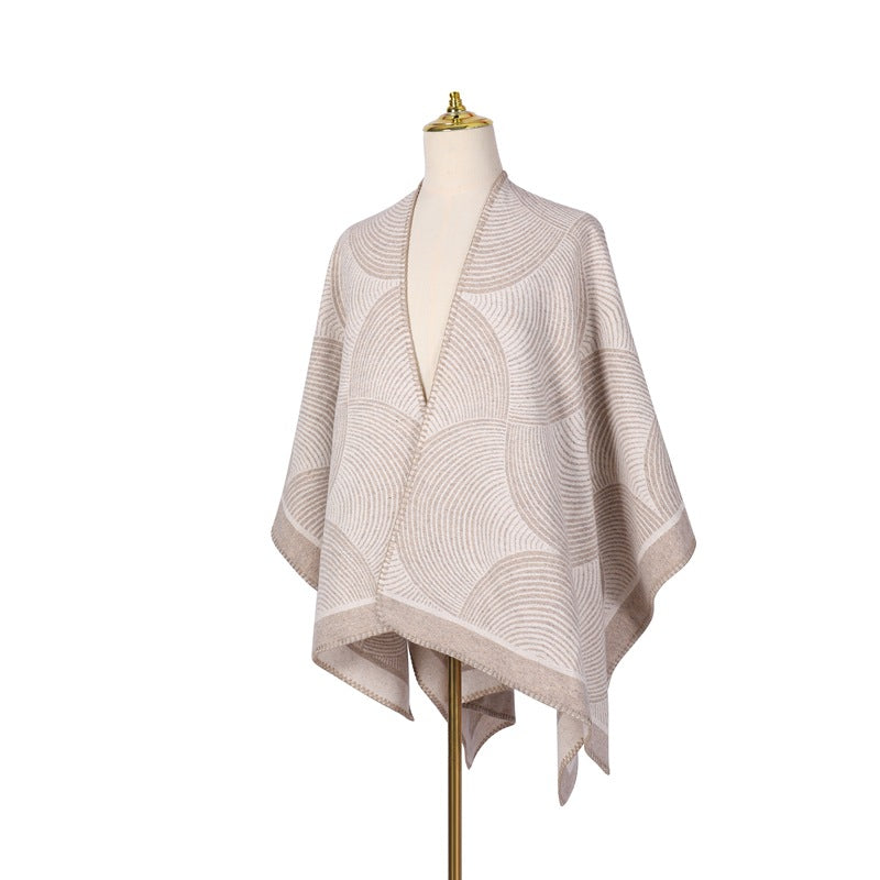 Khaki Geometric Print Cape - Cozy Knit Poncho for Women (165x130cm)
