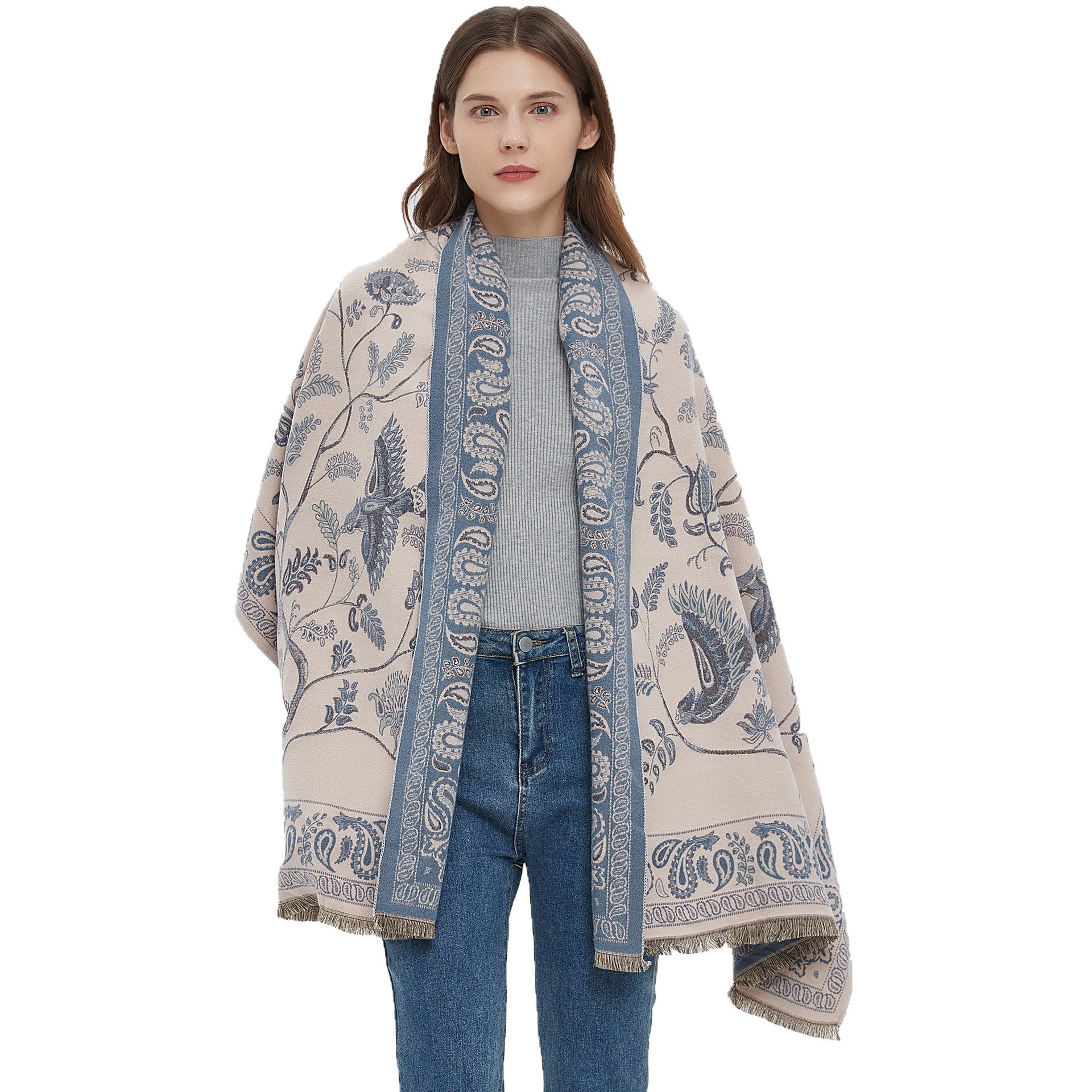 Women's Soft Jacquard Shawl - Paisley & Bird Floral Print Scarf(190x65cm)