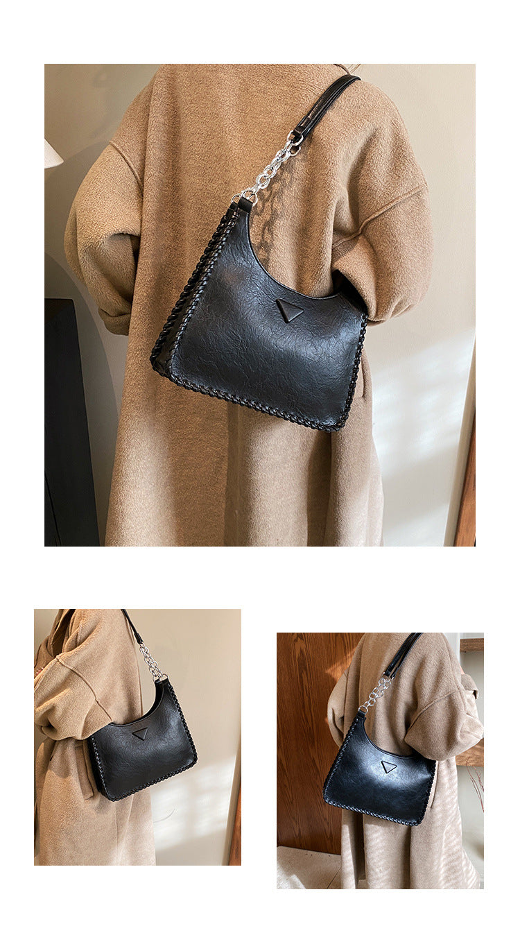Black Chic PU Leather Shoulder Bag with Chain Strap & Whipstitch Detail