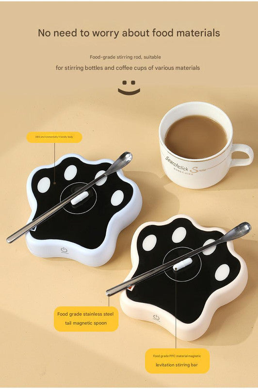 Beige Cute Paw Print Self-Stirring Coaster - Electric Coffee & Milk Mixer