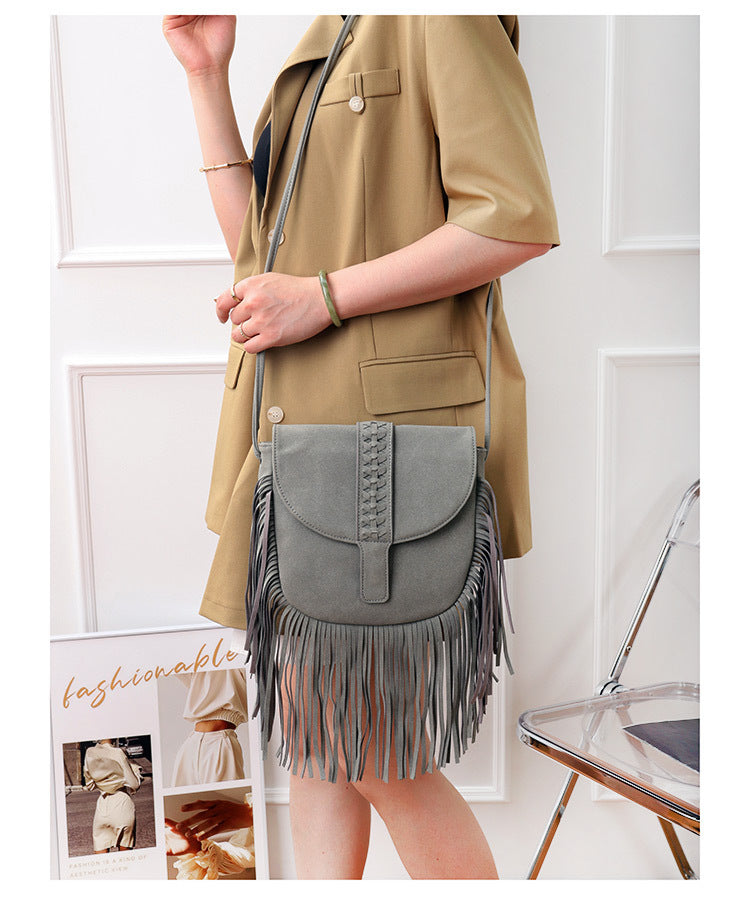 Grey Chic Bohemian Fringe Crossbody Bag - Suede-Look PU Leather with Braided Detail & Adjustable Strap