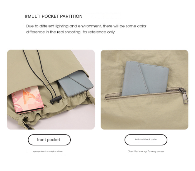 Khaki Chic Lightweight Nylon Drawstring Tote Bag - Multi-Pocket Casual Shoulder & Crossbody