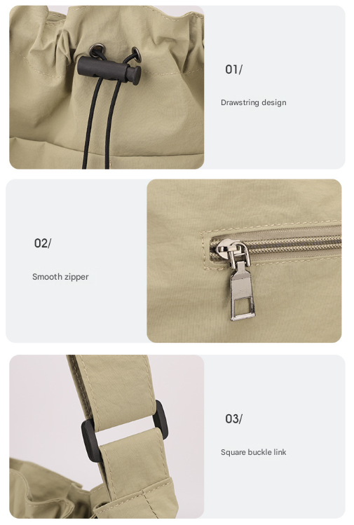 Khaki Chic Lightweight Nylon Drawstring Tote Bag - Multi-Pocket Casual Shoulder & Crossbody