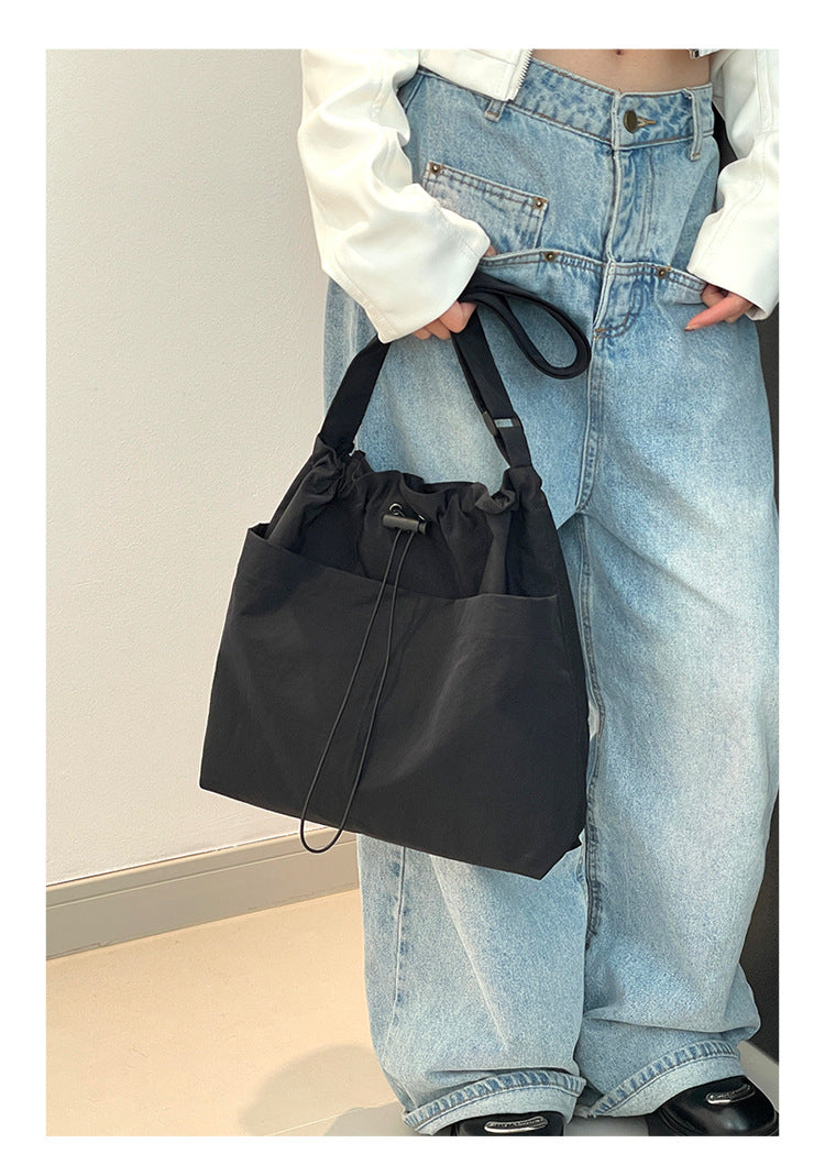 Khaki Chic Lightweight Nylon Drawstring Tote Bag - Multi-Pocket Casual Shoulder & Crossbody