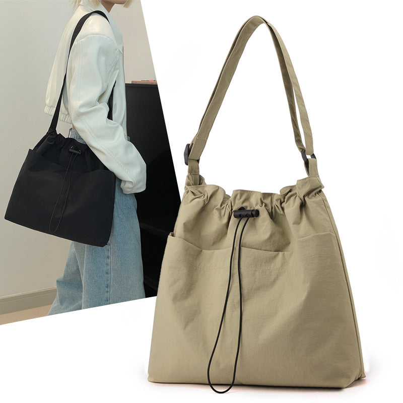 Black Chic Lightweight Nylon Drawstring Tote Bag - Multi-Pocket Casual Shoulder & Crossbody