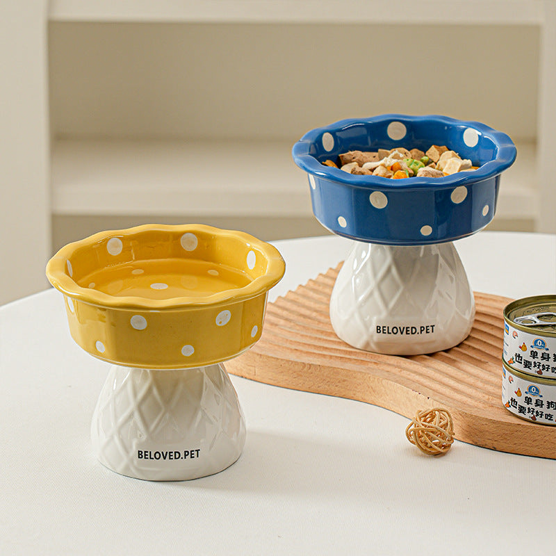 Blue Adorable Mushroom Ceramic Elevated Cat Bowl - Anti-Vomiting & Spine Protecting Pet Feeder with Polka Dots