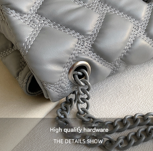 Grey Chic Quilted Crossbody Bag for Women - PU Leather Diamond Pattern Chain Strap Shoulder Purse with Elegant Clasp