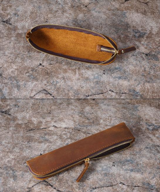 Black Vintage Crazy Horse Leather Zippered Pen Case - Retro Pencil Pouch & Small Accessories Bag