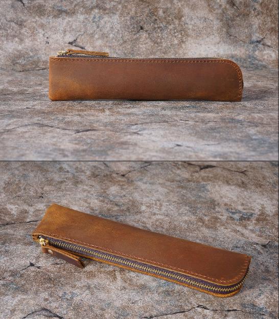 Brown Vintage Crazy Horse Leather Zippered Pen Case - Retro Pencil Pouch & Small Accessories Bag