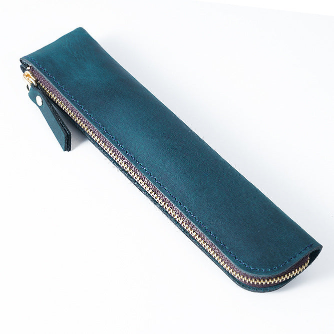 Blue Vintage Crazy Horse Leather Zippered Pen Case - Retro Pencil Pouch & Small Accessories Bag