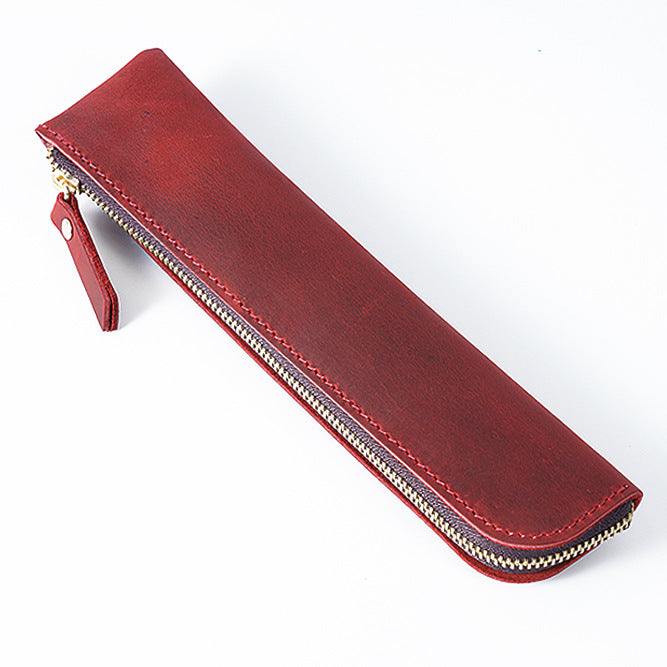 Red Vintage Crazy Horse Leather Zippered Pen Case - Retro Pencil Pouch & Small Accessories Bag