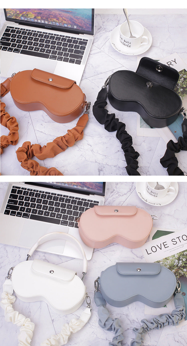 Black Chic PU Leather Crossbody Storage Bag for Apple AirPods Max - Protective Case with Ruched Fabric Strap & Top Handle