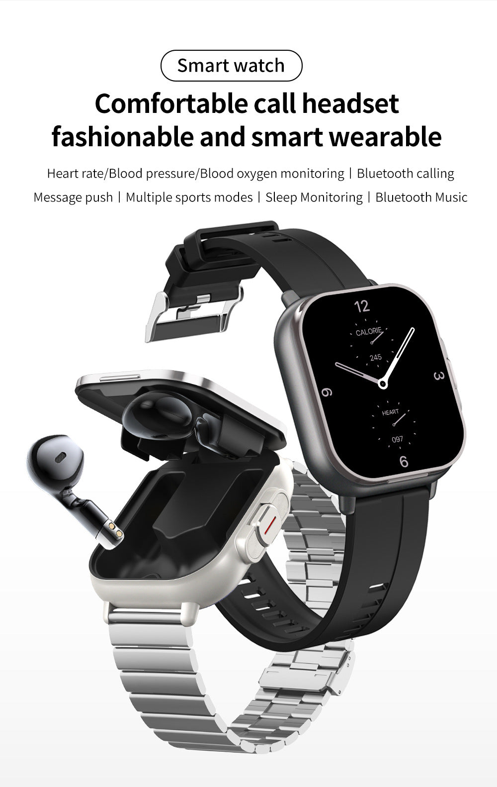 Black TPU Strap 2-in-1 Smartwatch with Built-in Earbuds - 2.01" HD Touchscreen, Bluetooth Calls, Health Monitor, Long Battery Life