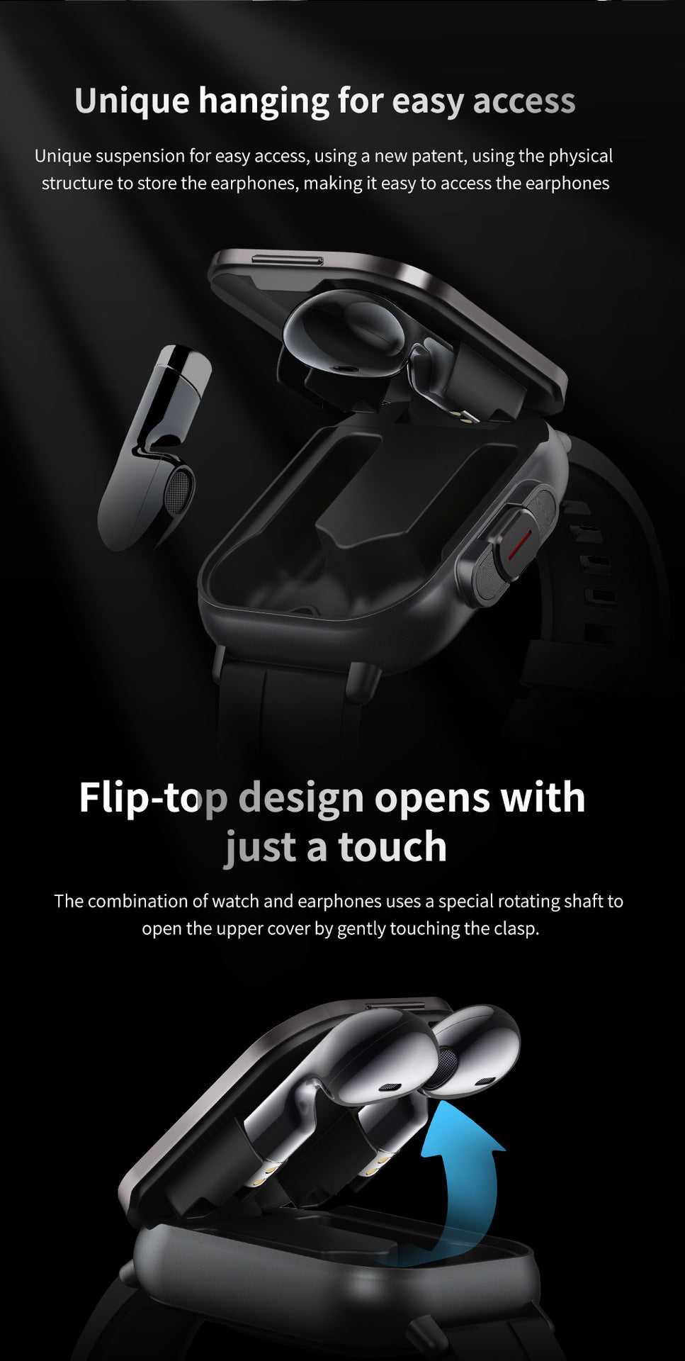 Black TPU Strap 2-in-1 Smartwatch with Built-in Earbuds - 2.01" HD Touchscreen, Bluetooth Calls, Health Monitor, Long Battery Life