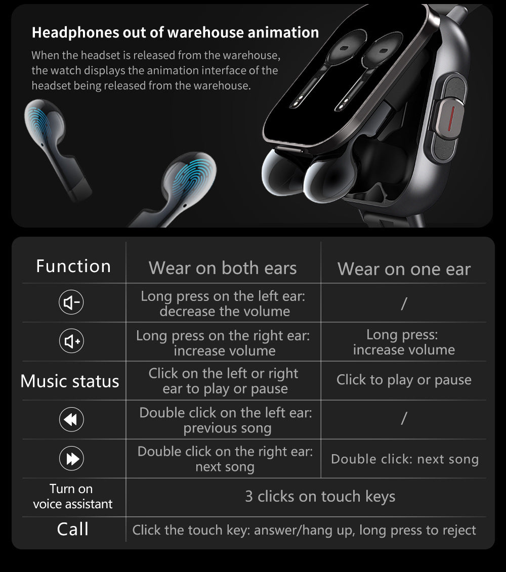 Black TPU Strap 2-in-1 Smartwatch with Built-in Earbuds - 2.01" HD Touchscreen, Bluetooth Calls, Health Monitor, Long Battery Life