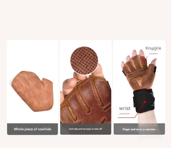 Size M Dark Brown Premium Cowhide Leather Weightlifting Gloves with Wrist Support - Non-Slip Grip, Breathable Fitness Workout Gloves for Gym, WODs, Dumbbells