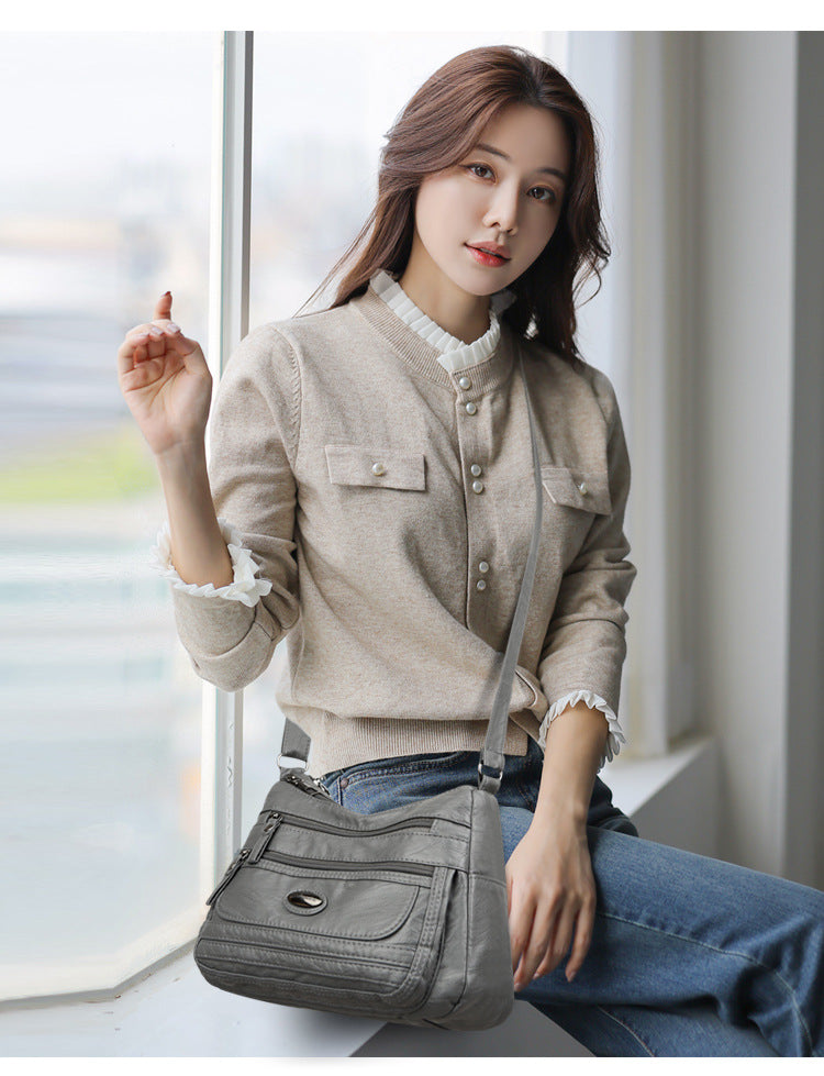 Black Women's Soft Washed PU Leather Crossbody Bag - Multi-Pocket Casual Shoulder Purse for Everyday Organization