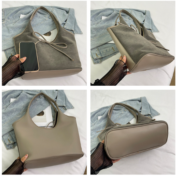 Grey Chic Retro Suede-Finish PU Leather Tote Bag - Large Capacity Shoulder Bag with Tie Accent