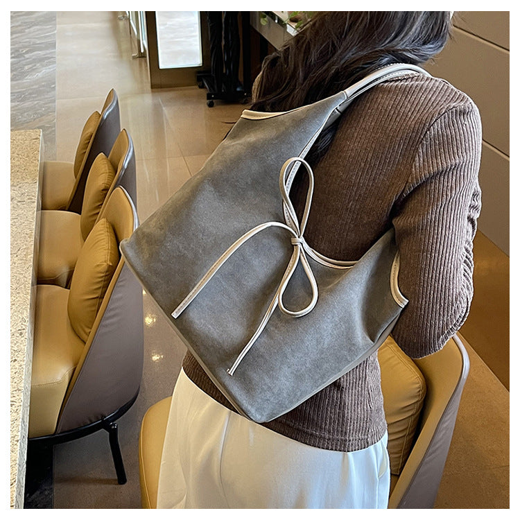 Grey Chic Retro Suede-Finish PU Leather Tote Bag - Large Capacity Shoulder Bag with Tie Accent