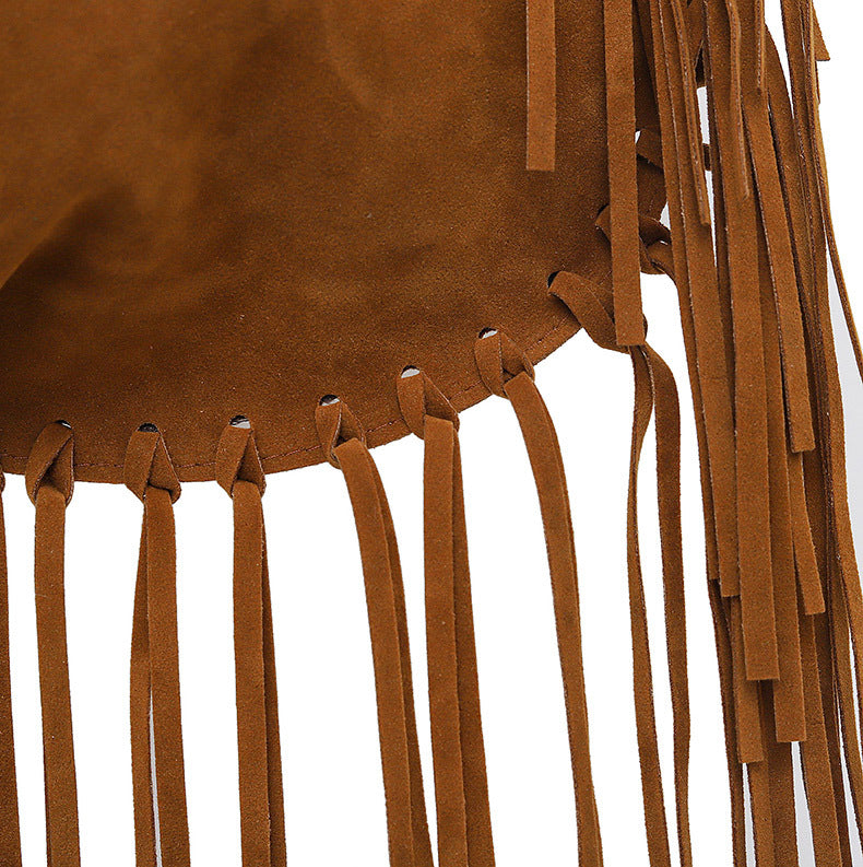Brown Boho Chic Fringed Hobo Bag - Large Capacity Soft Faux Suede Shoulder Tote with Tassel Detail