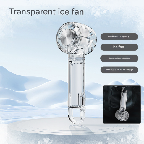 Transparent White Portable Mini Cooling Fan with Semiconductor Ice Compress - USB-C Rechargeable, 3-Speed Turbine & Transparent Design