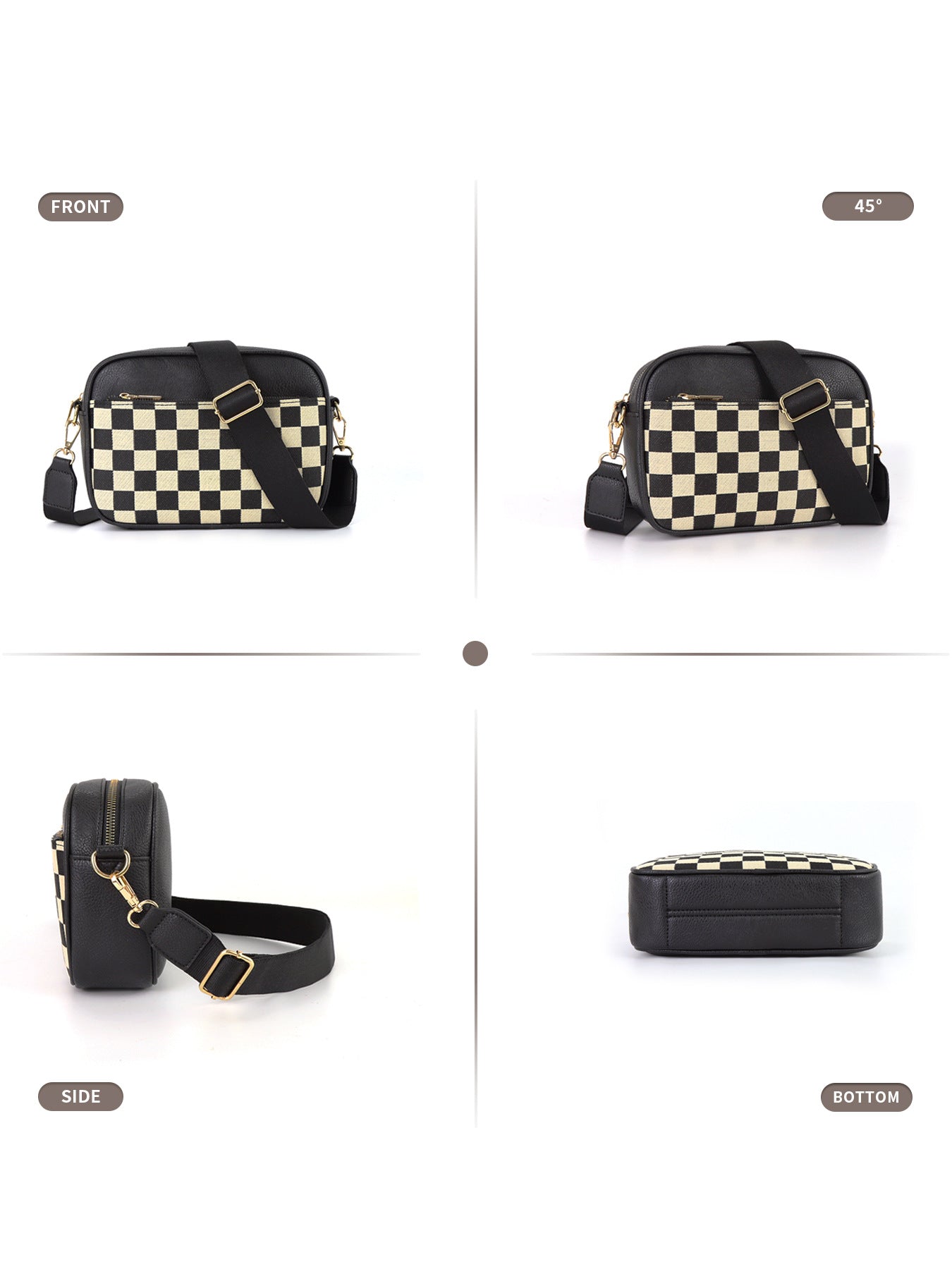 Black Stylish Checkerboard Crossbody Camera Bag - PU Leather with Adjustable Wide Strap