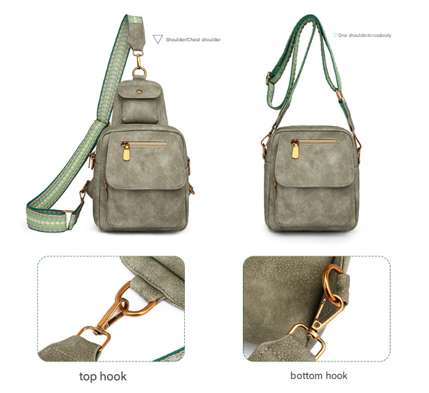 Green Stylish PU Leather Sling Crossbody Bag for Women - Multi-Pocket Chest Pack with Adjustable Wide Strap