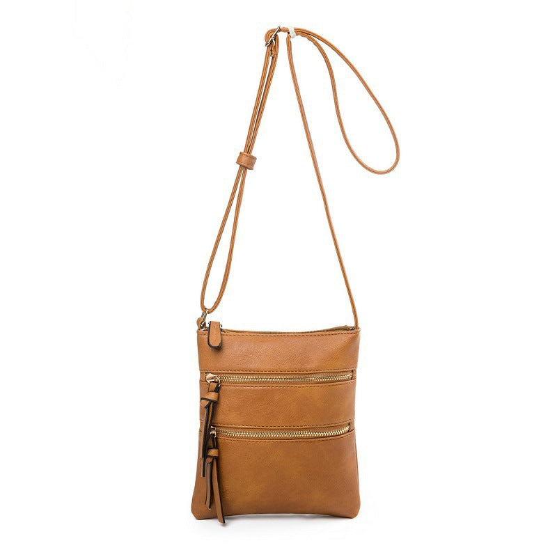 Brown Compact Women's Crossbody Bag - Adjustable Strap, Double Zipper Closure, 18x21cm Lightweight PU Leather Shoulder Bag