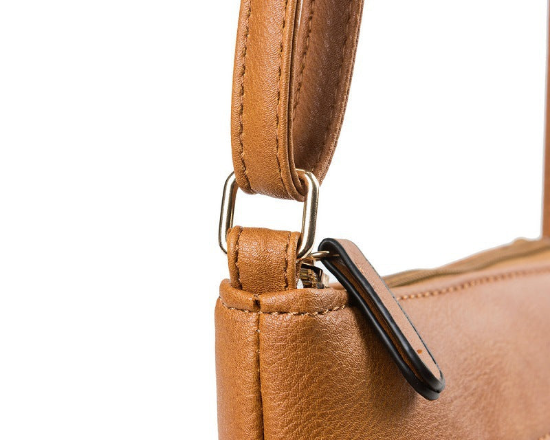 Brown Compact Women's Crossbody Bag - Adjustable Strap, Double Zipper Closure, 18x21cm Lightweight PU Leather Shoulder Bag