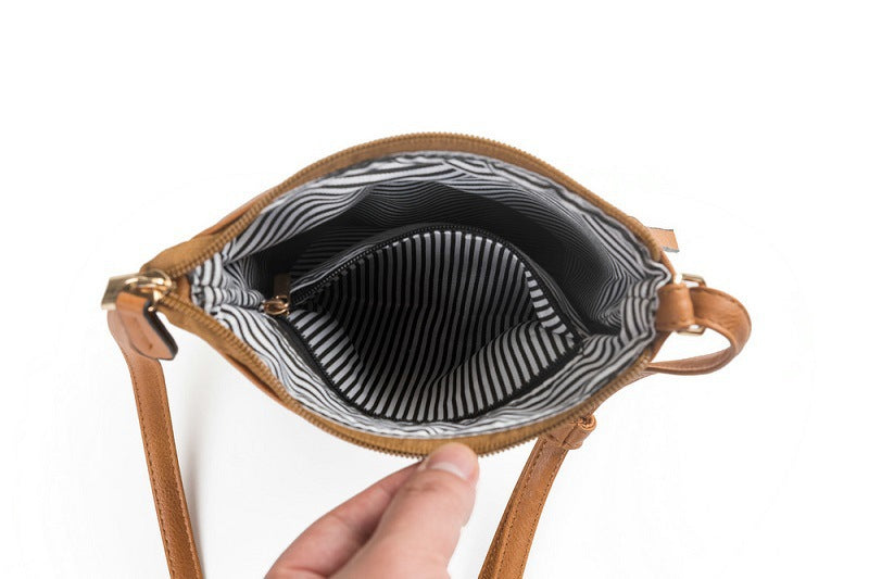 Brown Compact Women's Crossbody Bag - Adjustable Strap, Double Zipper Closure, 18x21cm Lightweight PU Leather Shoulder Bag