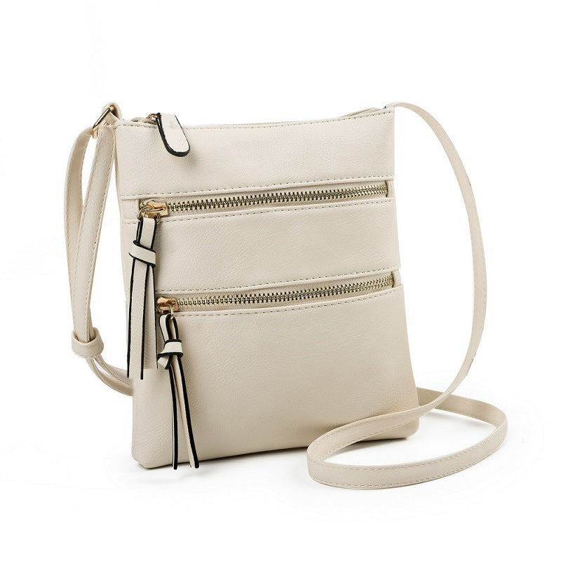 Beige Compact Women's Crossbody Bag - Adjustable Strap, Double Zipper Closure, 18x21cm Lightweight PU Leather Shoulder Bag