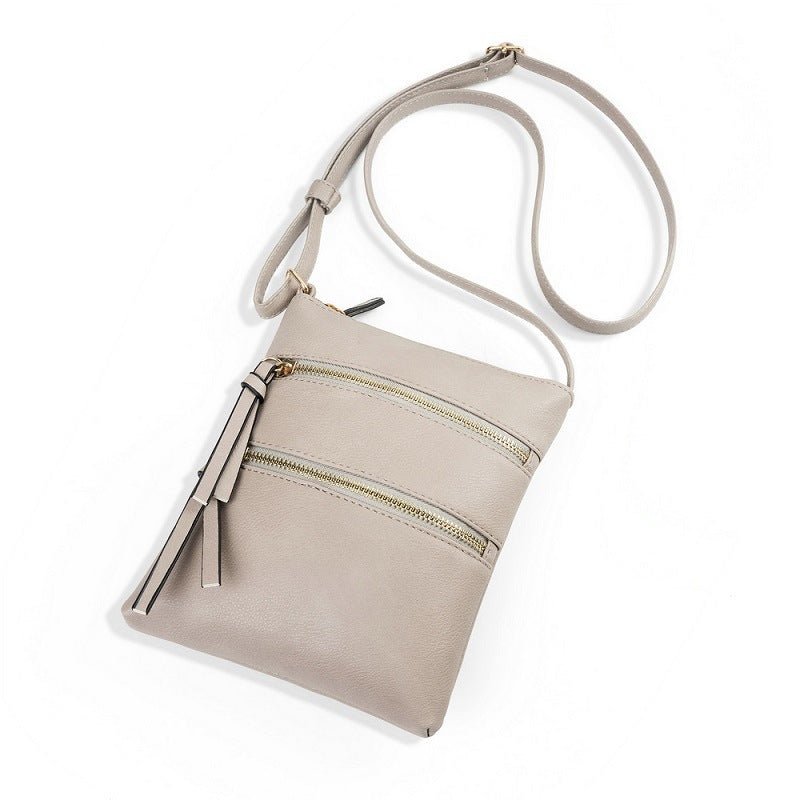 Grey Compact Women's Crossbody Bag - Adjustable Strap, Double Zipper Closure, 18x21cm Lightweight PU Leather Shoulder Bag
