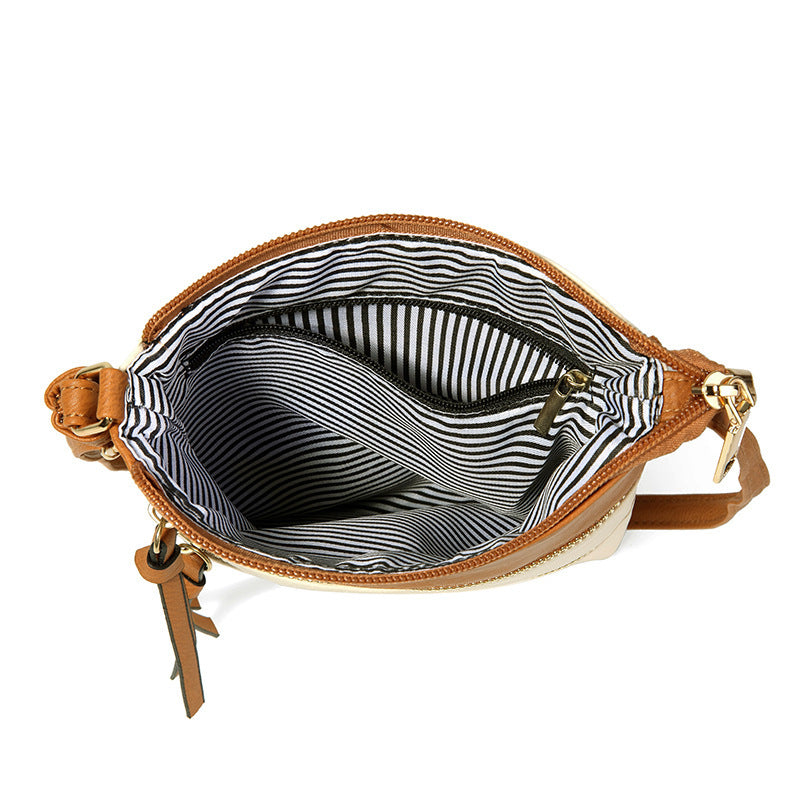 Brown and White Compact Women's Crossbody Bag - Adjustable Strap, Double Zipper Closure, 18x21cm Lightweight PU Leather Shoulder Bag