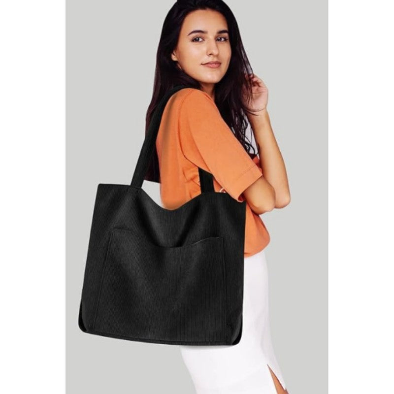 Black Stylish Corduroy Canvas Tote Bag - Fashionable and Retro Shoulder Bag