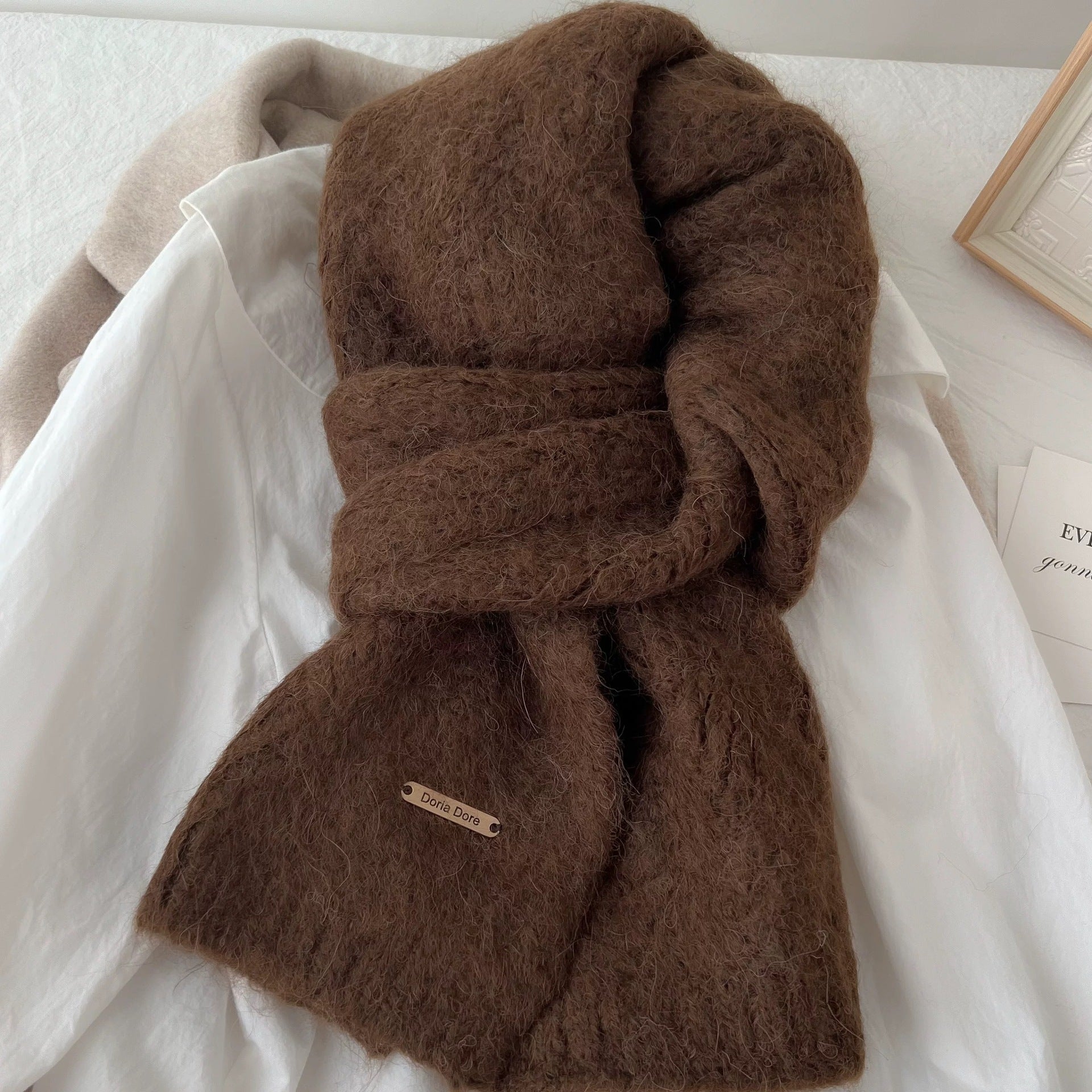 Brown Alpaca Wool Blend Solid Color Knitted Scarf for Women Winter New Style Student High Quality Couple Woolen Neck Warmer