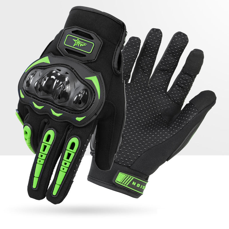 Size XL Green and Black Protective Motorcycle Riding Gloves - Hard Knuckle Armour & Touchscreen Fingertips