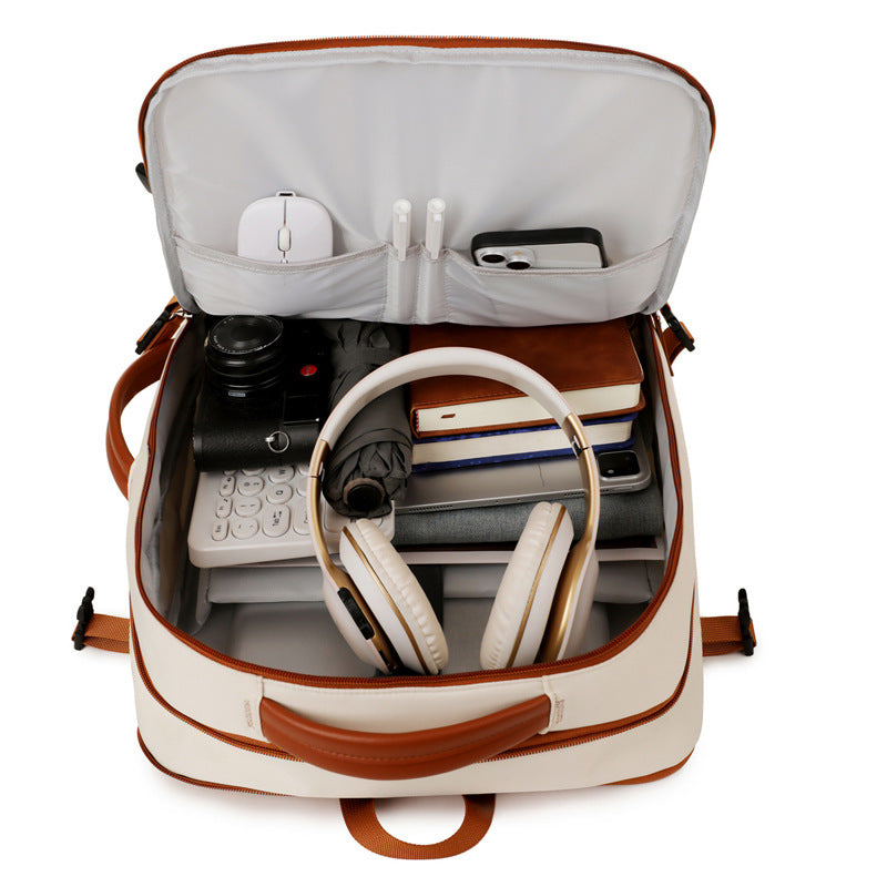 Beige Expandable Laptop Backpack with USB Port - Stylish Travel & Business Daypack