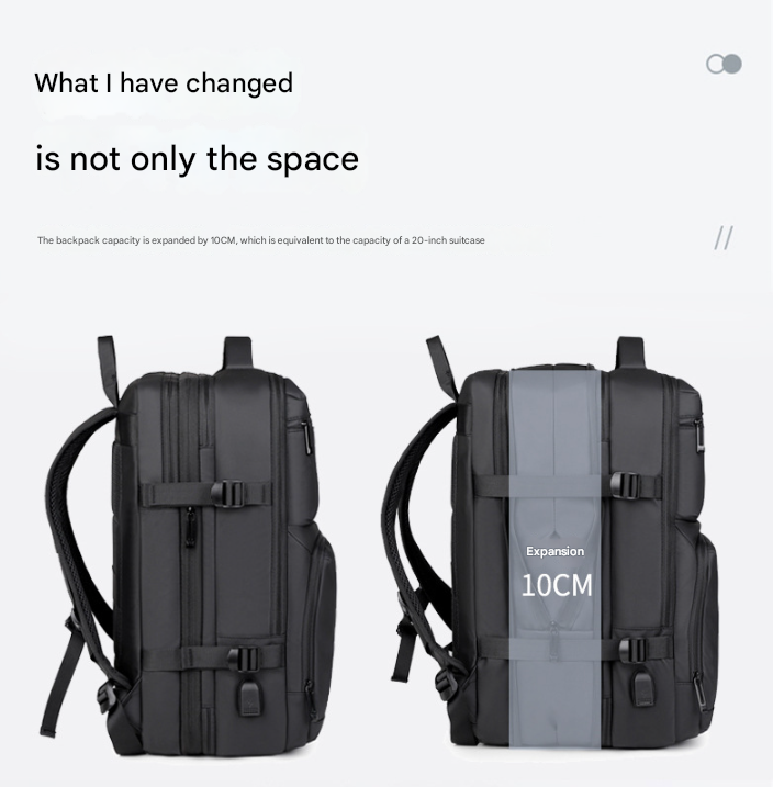 Black Expandable Business Travel Backpack with USB Charging Port - Water-Resistant Laptop Bag for Commuting & Carry-On