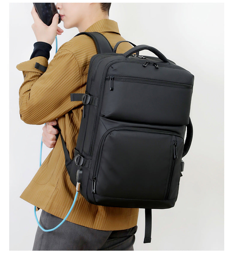 Black Expandable Business Travel Backpack with USB Charging Port - Water-Resistant Laptop Bag for Commuting & Carry-On