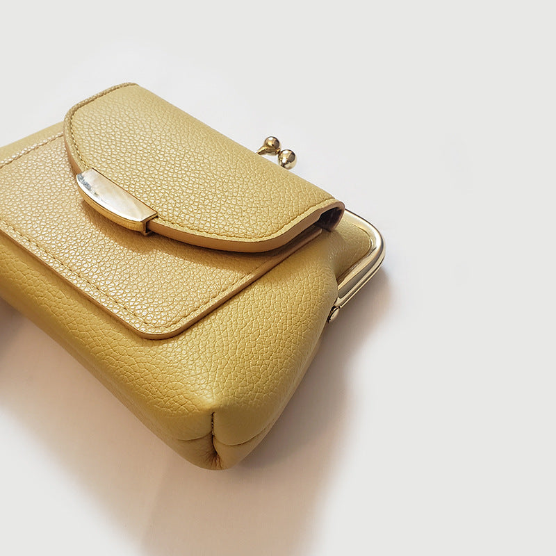 Yellow Vintage Style Women's Kiss Lock Coin Purse - Compact PU Leather Wallet with Card Holder