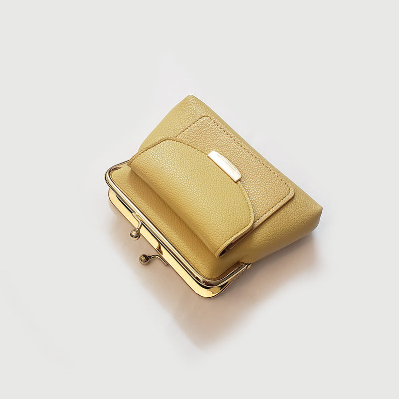 Yellow Vintage Style Women's Kiss Lock Coin Purse - Compact PU Leather Wallet with Card Holder