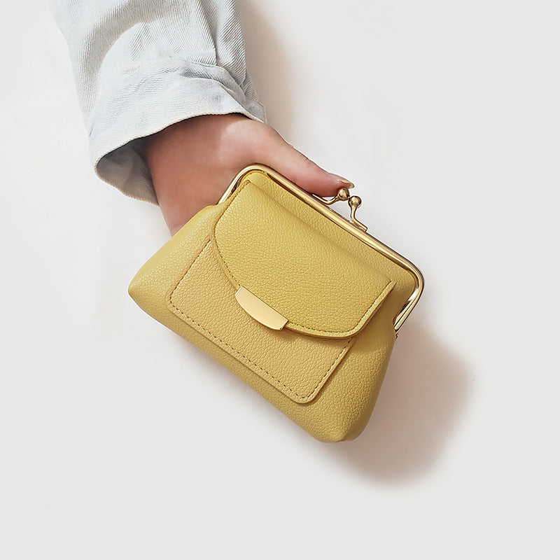 Yellow Vintage Style Women's Kiss Lock Coin Purse - Compact PU Leather Wallet with Card Holder
