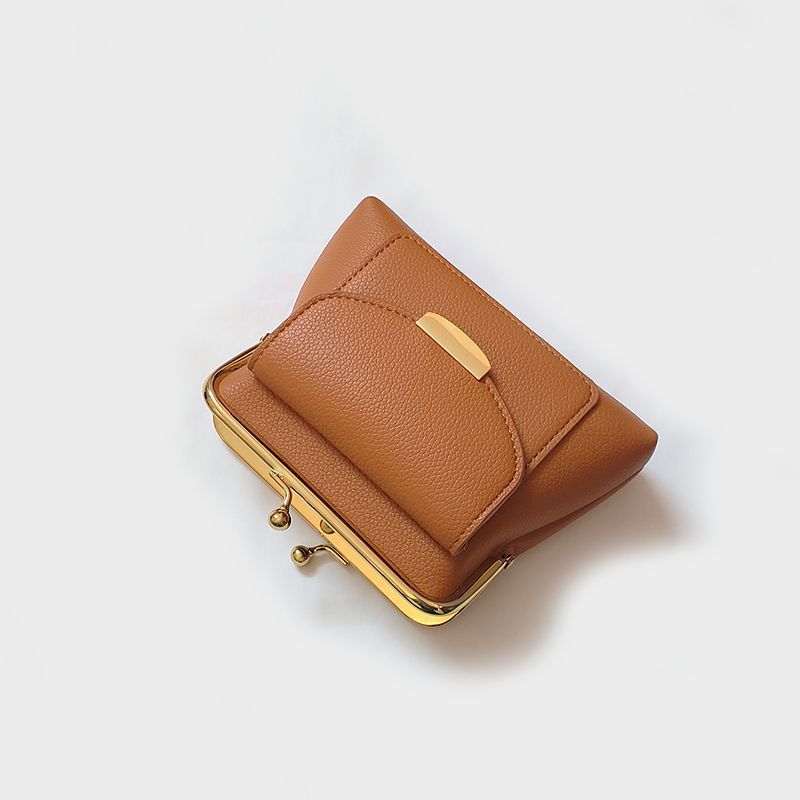 Brown Vintage Style Women's Kiss Lock Coin Purse - Compact PU Leather Wallet with Card Holder