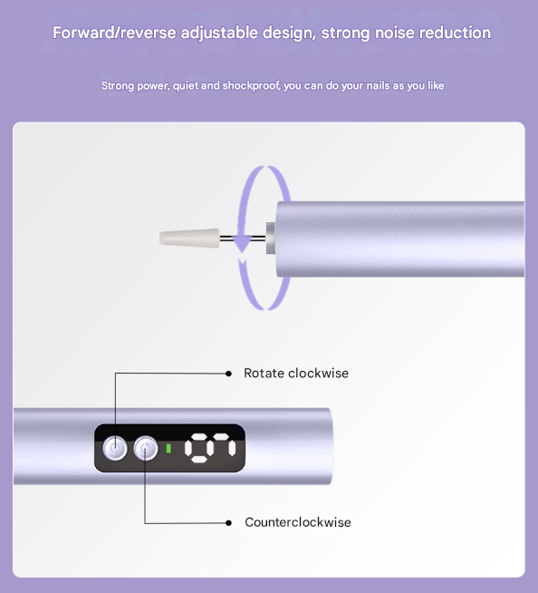 Purple Professional Electric Nail File Kit - Portable USB-C Rechargeable Manicure Drill with 6 Speeds & 5 Heads